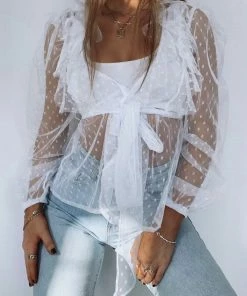 AJ Voyage Tops MARISSA Dotty Mesh Wrap Top - White