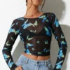 Motel Rocks Motel Elijah Long Sleeve Top - Black/Blue Butterfly